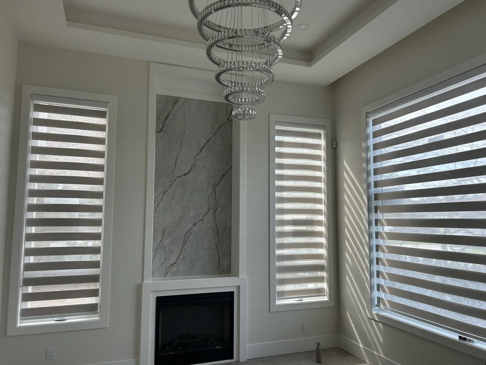 Matching zebra shades beside a fireplace and across a wider window in Delta